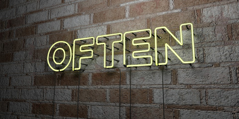 OFTEN - Glowing Neon Sign on stonework wall - 3D rendered royalty free stock illustration.  Can be used for online banner ads and direct mailers..