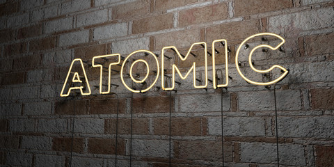 ATOMIC - Glowing Neon Sign on stonework wall - 3D rendered royalty free stock illustration.  Can be used for online banner ads and direct mailers..