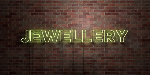 JEWELLERY - fluorescent Neon tube Sign on brickwork - Front view - 3D rendered royalty free stock picture. Can be used for online banner ads and direct mailers..