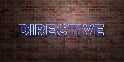DIRECTIVE - fluorescent Neon tube Sign on brickwork - Front view - 3D rendered royalty free stock picture. Can be used for online banner ads and direct mailers..
