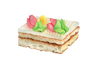 Watercolor illustration of a dessert a piece of cake with cream