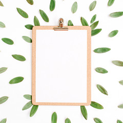 clipboard with green petals isolated on white background. flat lay, top view