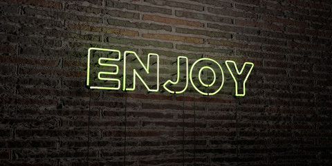ENJOY -Realistic Neon Sign on Brick Wall background - 3D rendered royalty free stock image. Can be used for online banner ads and direct mailers..