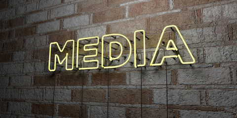 MEDIA - Glowing Neon Sign on stonework wall - 3D rendered royalty free stock illustration.  Can be used for online banner ads and direct mailers..