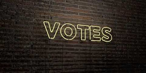 VOTES -Realistic Neon Sign on Brick Wall background - 3D rendered royalty free stock image. Can be used for online banner ads and direct mailers..