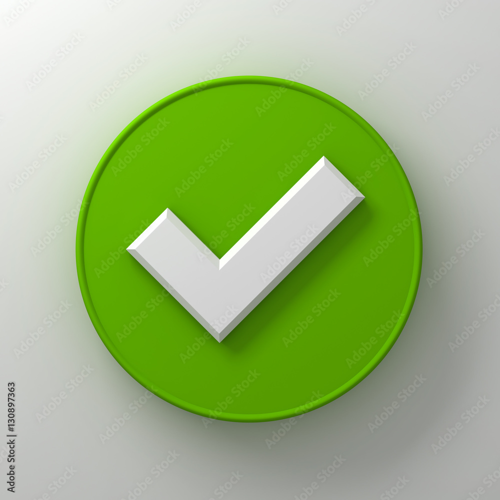 Poster white check mark or tick abstract on green round signboard over white wall background with shadow 3d