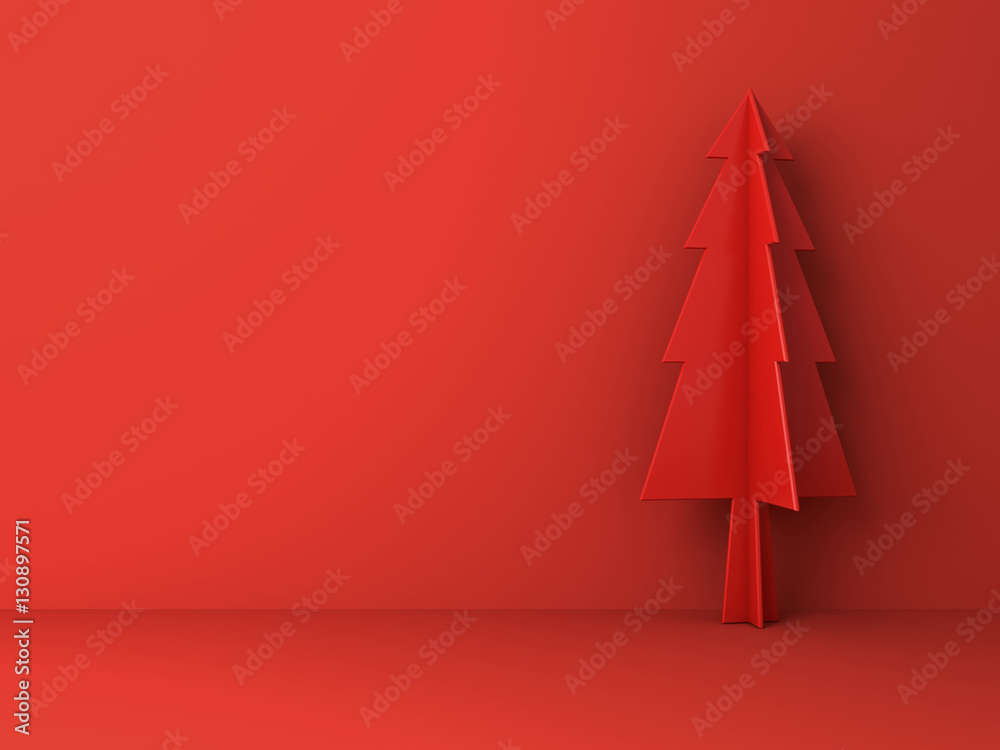 Poster red christmas tree on red background for christmas decoration with shadow 3d rendering
