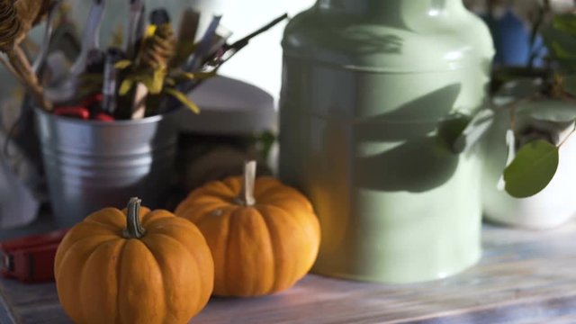florist table with pumpkins closeup in flowers store
