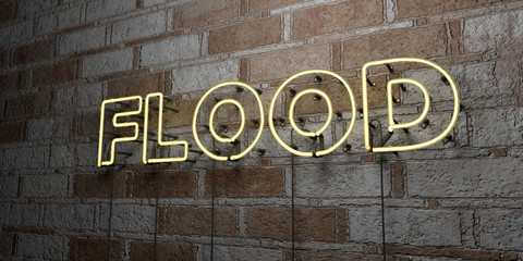 FLOOD - Glowing Neon Sign on stonework wall - 3D rendered royalty free stock illustration.  Can be used for online banner ads and direct mailers..