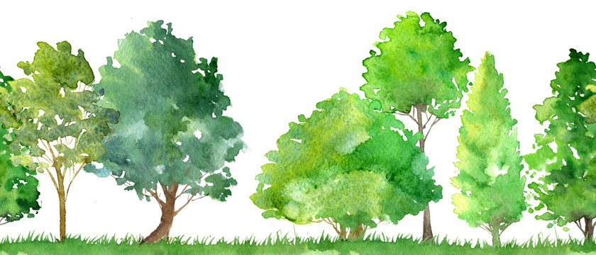 seamless watercolor landscape with trees