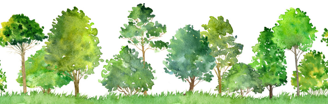 seamless watercolor landscape with trees