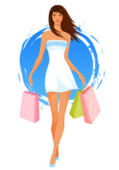 beautiful young woman in summer dress, shopping