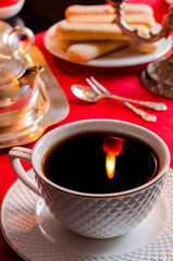 The reflection of the flame in a Cup of tea