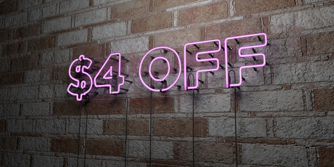 $4 OFF - Glowing Neon Sign on stonework wall - 3D rendered royalty free stock illustration.  Can be used for online banner ads and direct mailers..