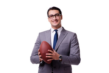 Businessman with american football isolated on white