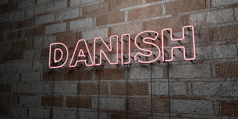 DANISH - Glowing Neon Sign on stonework wall - 3D rendered royalty free stock illustration.  Can be used for online banner ads and direct mailers..