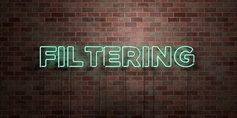 FILTERING - fluorescent Neon tube Sign on brickwork - Front view - 3D rendered royalty free stock picture. Can be used for online banner ads and direct mailers..