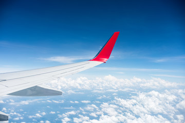 Fototapeta na wymiar airplane wing above the clouds