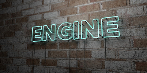 ENGINE - Glowing Neon Sign on stonework wall - 3D rendered royalty free stock illustration.  Can be used for online banner ads and direct mailers..