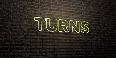 TURNS -Realistic Neon Sign on Brick Wall background - 3D rendered royalty free stock image. Can be used for online banner ads and direct mailers..