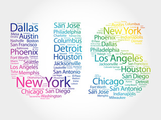 US letters with cities names words cloud, concept background