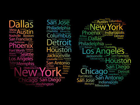 US letters with cities names words cloud, concept background