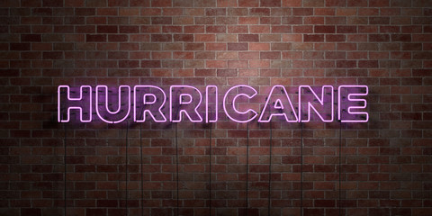 HURRICANE - fluorescent Neon tube Sign on brickwork - Front view - 3D rendered royalty free stock picture. Can be used for online banner ads and direct mailers..