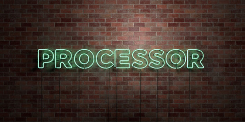 PROCESSOR - fluorescent Neon tube Sign on brickwork - Front view - 3D rendered royalty free stock picture. Can be used for online banner ads and direct mailers..