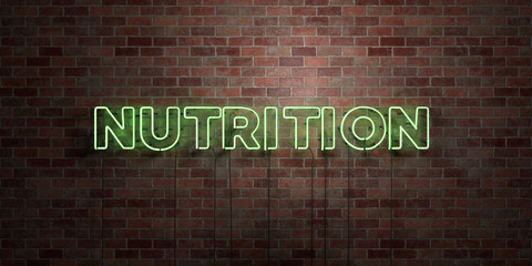NUTRITION - fluorescent Neon tube Sign on brickwork - Front view - 3D rendered royalty free stock picture. Can be used for online banner ads and direct mailers..