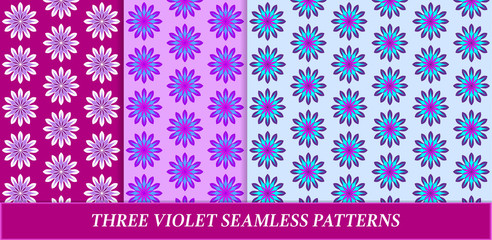 Set of bright violet flower seamless patterns. Paper cover, wrapping, wallpaper. Floral texture.