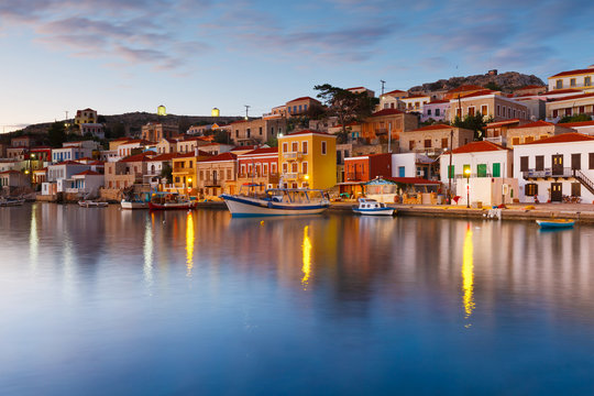 View of Halki village and its harbor, Greece.