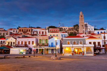 View of Halki village from the quay of the port, Greece.