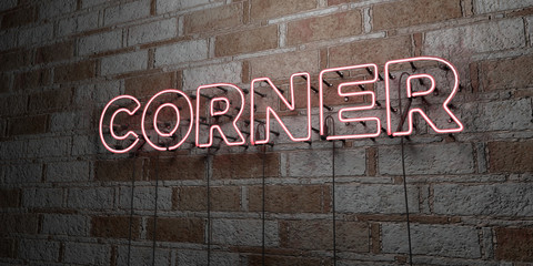 CORNER - Glowing Neon Sign on stonework wall - 3D rendered royalty free stock illustration.  Can be used for online banner ads and direct mailers..