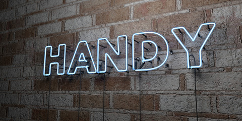 HANDY - Glowing Neon Sign on stonework wall - 3D rendered royalty free stock illustration.  Can be used for online banner ads and direct mailers..