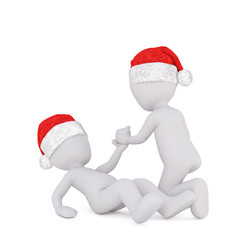 3d toon in Santa hat helping friend up from ground
