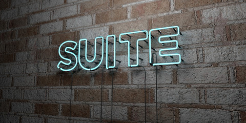 SUITE - Glowing Neon Sign on stonework wall - 3D rendered royalty free stock illustration.  Can be used for online banner ads and direct mailers..
