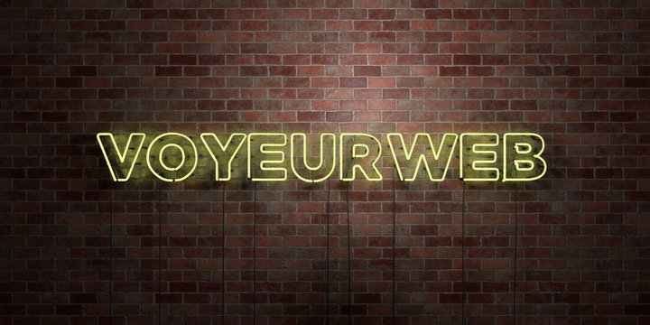 VOYEURWEB - fluorescent Neon tube Sign on brickwork - Front view - 3D rendered royalty free stock picture. Can be used for online banner ads and direct mailers..