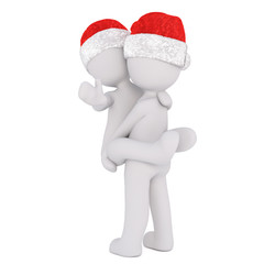 3d toon in Santa hat carrying waving friend