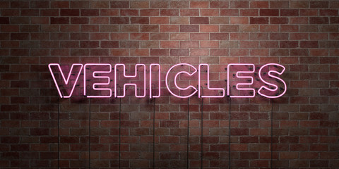 VEHICLES - fluorescent Neon tube Sign on brickwork - Front view - 3D rendered royalty free stock picture. Can be used for online banner ads and direct mailers..