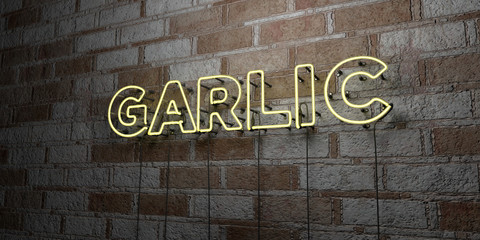 GARLIC - Glowing Neon Sign on stonework wall - 3D rendered royalty free stock illustration.  Can be used for online banner ads and direct mailers..