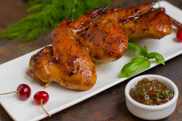 Marinated chicken wings in Japanese. On a Old table. Top view. Close-up