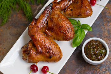 Marinated chicken wings in Japanese. On a Old table. Top view. Close-up