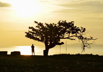 Fototapeta na wymiar silhouette traveler man photo impress view of sea and sky on sunrise