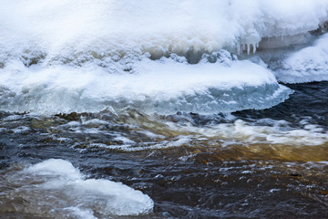 Flowing water at the edge of the ice on the river