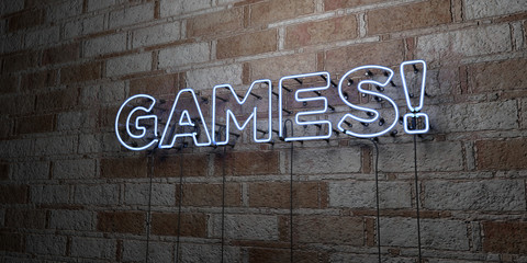 GAMES! - Glowing Neon Sign on stonework wall - 3D rendered royalty free stock illustration.  Can be used for online banner ads and direct mailers..