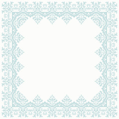 Classic vector light blue square frame with arabesques and orient elements. Abstract ornament with place for text, Vintage pattern