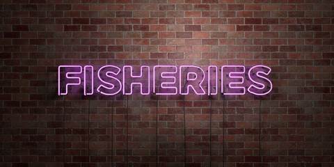 FISHERIES - fluorescent Neon tube Sign on brickwork - Front view - 3D rendered royalty free stock picture. Can be used for online banner ads and direct mailers..
