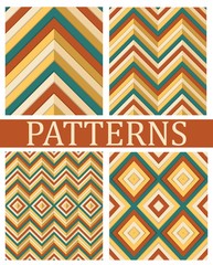 Set of patterns from zigzags. Background contains red, blue, yel