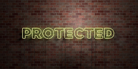 PROTECTED - fluorescent Neon tube Sign on brickwork - Front view - 3D rendered royalty free stock picture. Can be used for online banner ads and direct mailers..