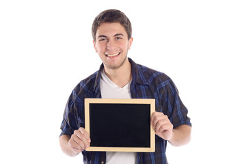 Man holding chalkboard.